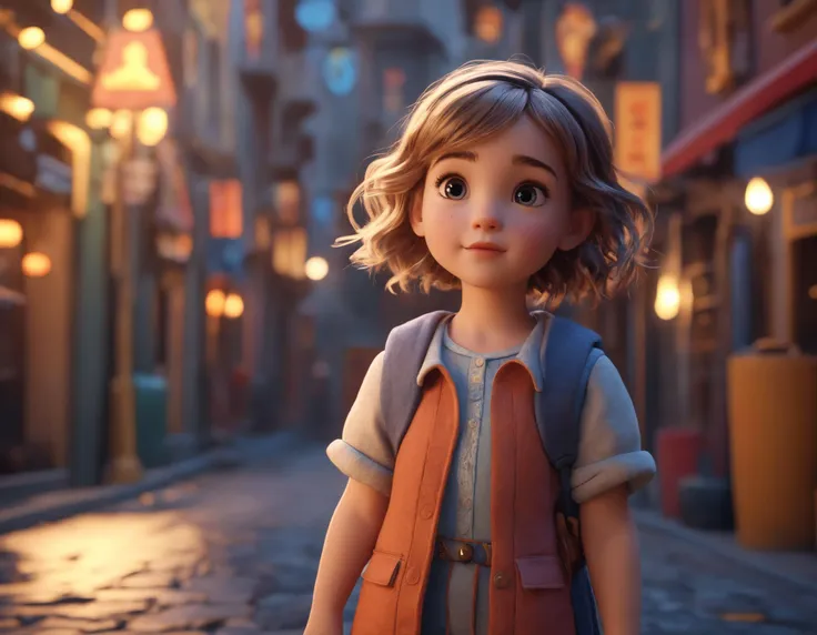 a cinematic still of a cute little girl, 3d render neat and matte octane cartoon style, bright colors, soft shadows, and a warm ...