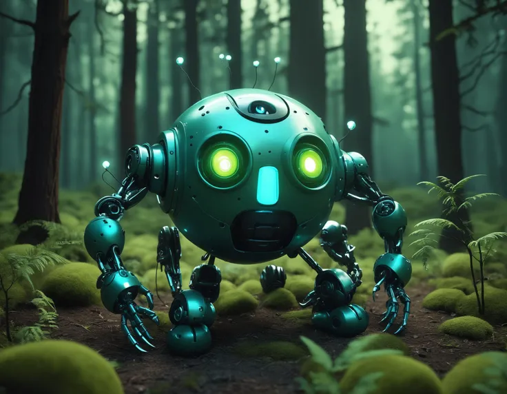 a cute robot with many glowing lights is crawling in the forest, rendered in the style of cinema4d, with a bluegreen color schem...