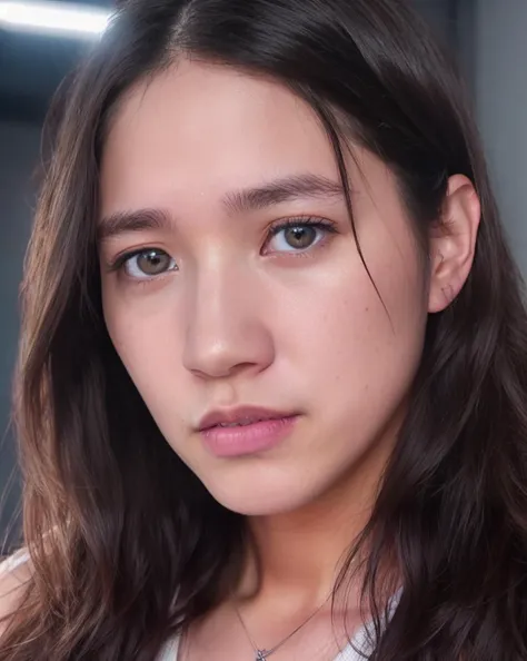 a woman with long hair and a white shirt looking at the camera