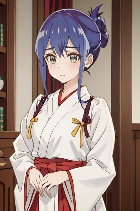 best quality, masterpiece, highres, solo, {white kimono:1.35}, {red hakama:1.35}, {wide sleeves:1.20}, {mamiya_kanoko_watashinoyuriwaoshigotodesu:1.15}, blue_hair, green_eyes, blush, bangs, closed_mouth, short_hair, purple_hair