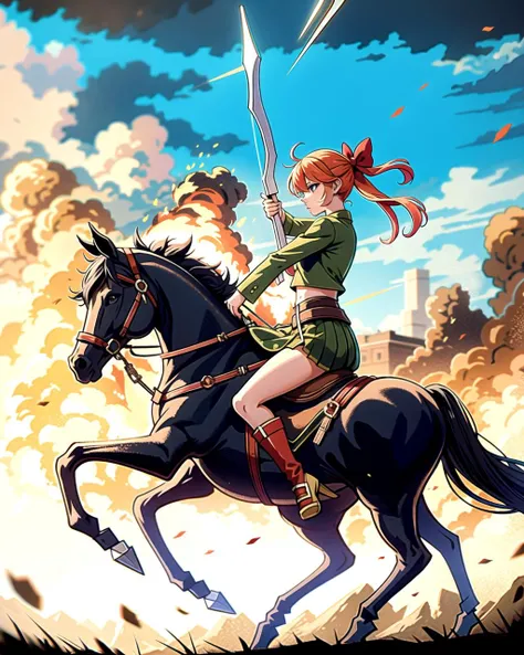 ((masterpiece), best quality, high quality, professional quality, highly detailed, highres, perfect lighting, natural lighting), female centaur, charging, bow and arrow drawn, in battle against army