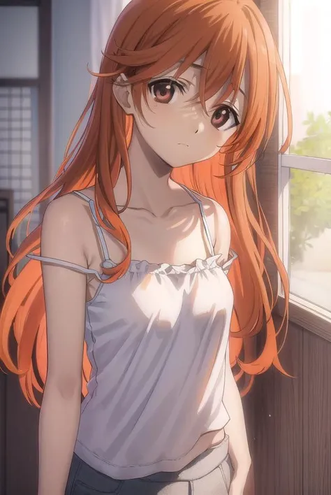 yuuashikaga, <lora:yuuki ashikaga-lora-nochekaiser:1>,
yuu ashikaga crossdress casual, long hair, collarbone, (brown eyes:1.5), (orange hair:1.5), camisole, (white camisole:1.5), bare shoulders,
BREAK ,
BREAK indoors,
BREAK looking at viewer, (cowboy shot:...