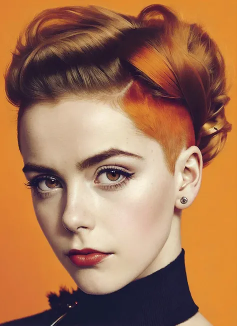 portrait of sks woman by Flora Borsi, style by Flora Borsi, bold, bright colours, orange Mohawk haircut, ((Flora Borsi)), <lora:locon_kiernan_v1_from_v1_64_32:1.3>