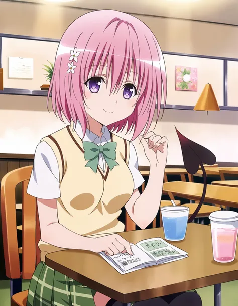 score_9, source_anime, anime coloring, momodevil, 1girl, solo, <lora:momodevilvXLPonyV1-000006:0.7>, To Love-ru, momo velia deviluke, bob cut, short hair, pink hair, purple eyes, medium breasts, bright colors, pastel, bright pink hair, sainan high school u...