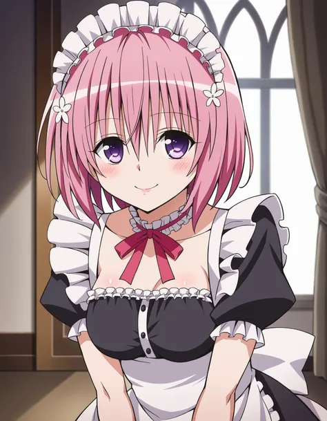 score_9, source_anime, anime coloring, momodevil, 1girl, solo, <lora:momodevilvXLPonyV1-000006:0.7>, To Love-ru, momo velia deviluke, bob cut, short hair, pink hair, purple eyes, medium breasts, bright colors, pastel, bright pink hair, hair flower, maid, l...