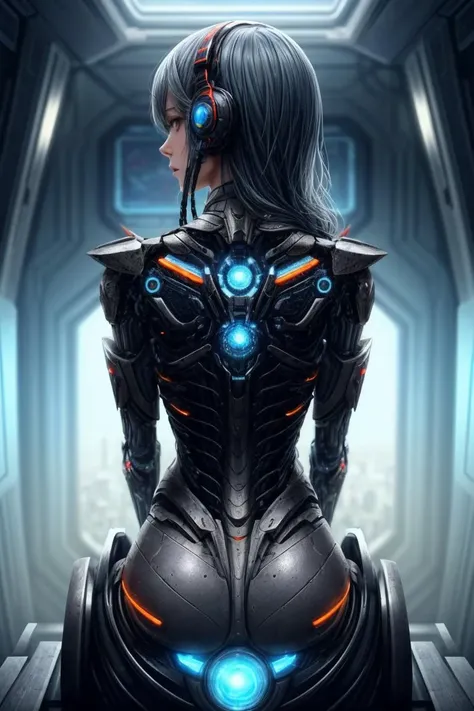 In a futuristic spaceship, a beautiful  girl whose body is a perfect combination of human flesh and machinery, the pinnacle of future nano-mechanical biotechnology, is the pinnacle of futuristic technology nanobiotechnology, back-side-shot,medium-shot,
(ma...