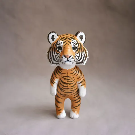 <lora:vallavica_animals:1.2>, vallavica_animals, porcelain animal, ceramic figurine, chibi, cute,  animal costume, brown eyes, brown hair, child, male, short hair, solo, tiger costume, tiger print, young