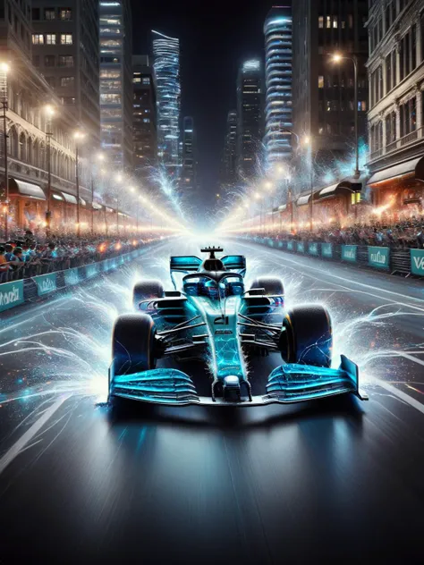 An ais-sparkz F1 car racing down the home straight during a city night race  <lora:Sparks_Style_SDXL:1>