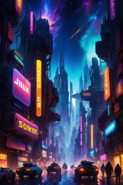 skyline of a dense and sprawling city on a junkworld, cyberpunk, night, neon signs, spotlights, hologram,smoke,  neon lights,  glowing, ethereal light,starry sky, bustling, cosmic hues, vibrant colors, watercolor style, surreal lighting, futuristic motifs,...