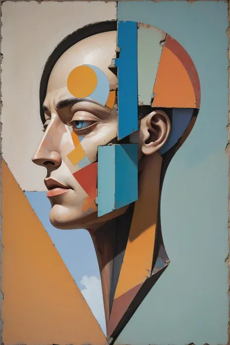 <lora:- SDXL - otclillsn_impossible_geo_V1.0:1>,otclillsn,<lora:EnvyJunkworldXL01:0.9>,
A side view of a figures head,in an abstract geometric formalist style. In the painting,the face is broken down into a series of block structures of different shapes an...