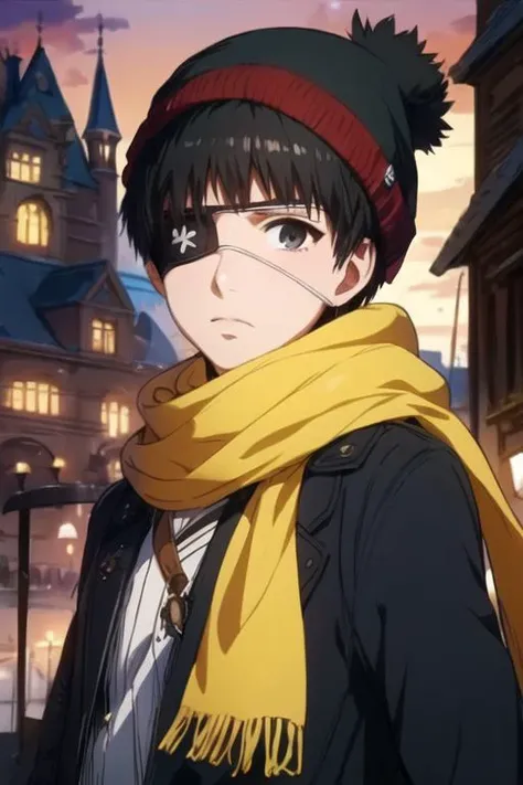 masterpiece, best quality, sketch, 1boy, solo, male focus, looking at viewer, , , <lora:ken_kaneki:0.72>, ken_kaneki, black hair, black eyes, eyepatch, scarf, bobble hat, The Castle of Shadows, 12k resolution