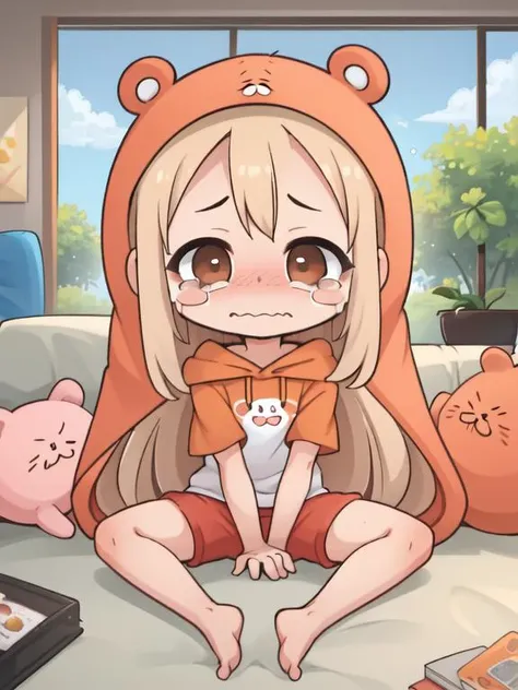 masterpiece, best quality,
living room,
(chibi:1.2),
1girl, sitting, hand between legs, legs apart, looking at viewer, big eyes, brown eyes, sad, tears, closed mouth, (wavy mouth, wavy eyes:1.2),  blush stickers,
doma umaru, orange hood, white shirt, red s...