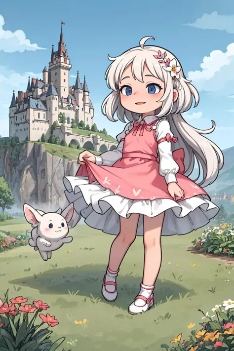 ((best quality, masterpiece)),
1girl, princess pink dress, flowers, white messy hair,  outdoor, clouds on background,fantasy, medieval, castle on background
<lora:more_details:0.5>