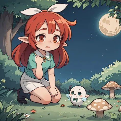 cute, whimsical, adorable, fantasy, fairy, elf, forest, nature, mushrooms, flowers, butterflies, sparkles, moonlight, starry night, magical, enchanted,, (masterpiece, high quality, best quality:1.3), Detailed, 25 year old girl, (elf), (Red-headed:1.4), alm...