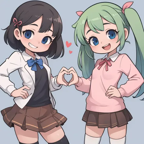 two anime girls in school uniforms making a heart with their hands