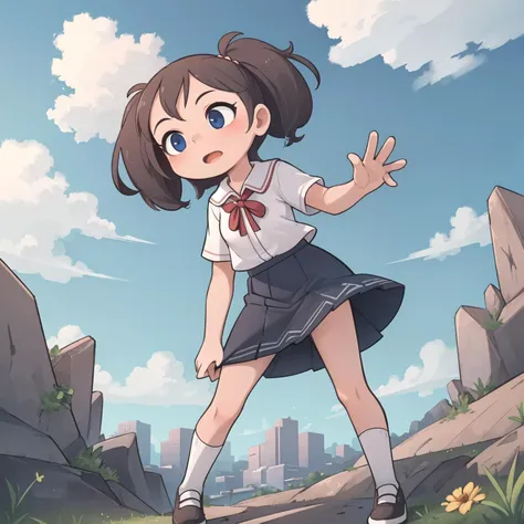 anime girl in a school uniform standing on a rock with her hands out