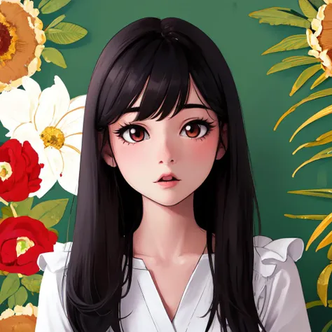 anime girl with long black hair and white blouse in front of a floral wall