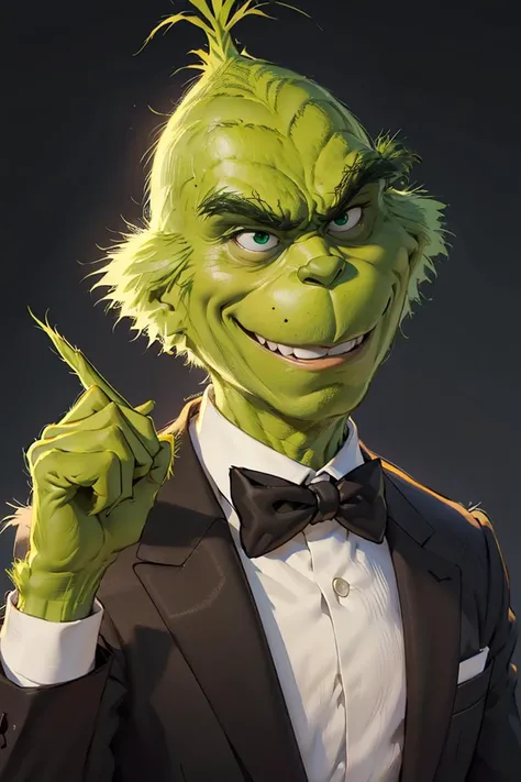 ((masterpiece,best quality)), 
sunglasses, 
<lora:Grinch_v2:0.8>, Grinch, black tuxedo, black suit, 
Grinch_Classic, green skin, green fur, 
1boy, upper body, male focus, black background, smile, smirk,