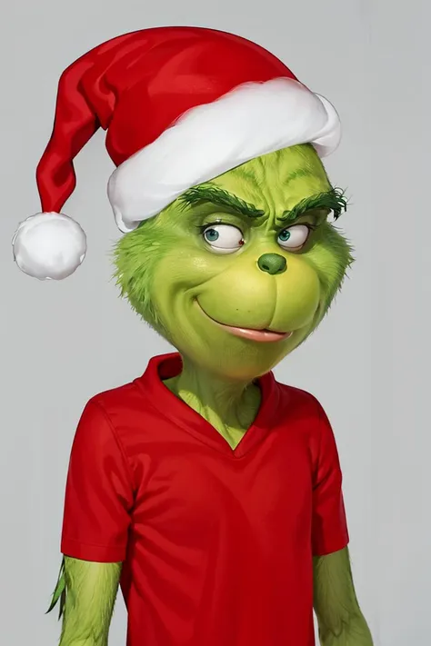 a close up of a person wearing a santa hat and a red shirt