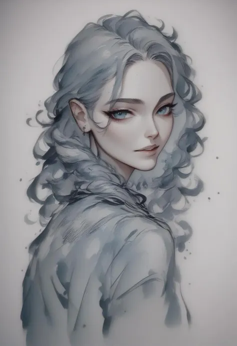 a drawing of a woman with blue eyes and a white coat