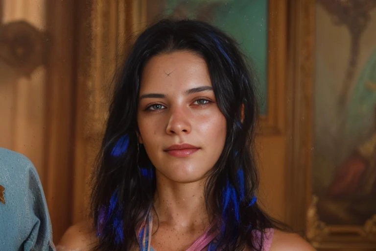 a close up of a woman with blue hair and a man in a suit