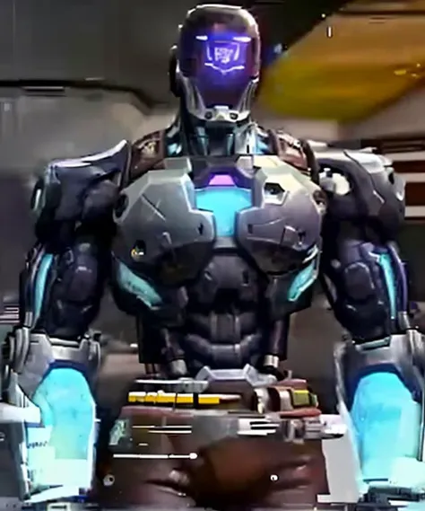 a close up of a robot with a blue and black suit