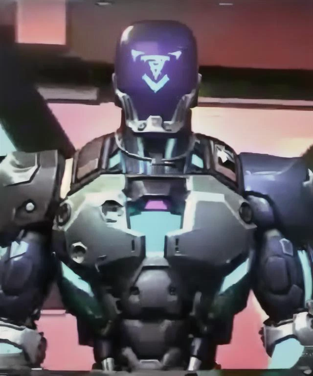 a close up of a robot with a purple helmet and a blue body