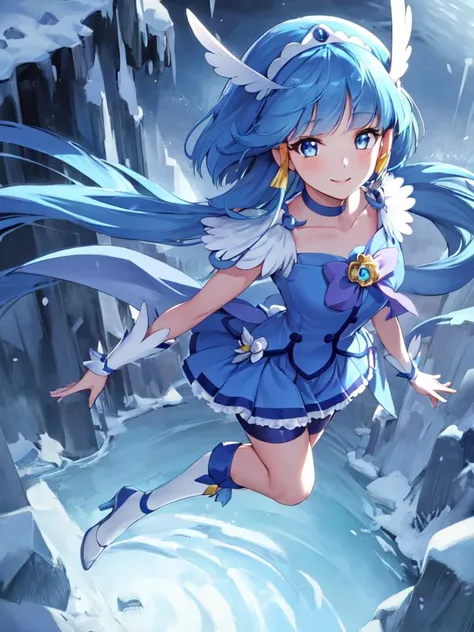 masterpiece, best quality, looking_at_viewer, depth_of_field, smile, from above, full body,
1girl, <lora:locon_cure_beauty_1-000025:0.9>, cure beauty, feather hair ornament, shorts under skirt, blue shorts, sidelocks,
snow, ice sword,