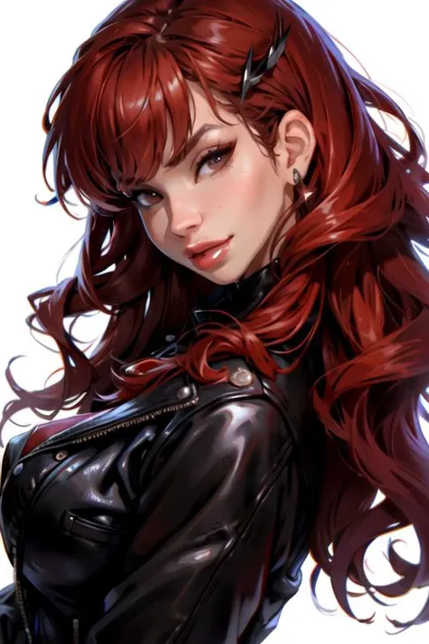 a woman with red hair and black leather jacket posing for a picture