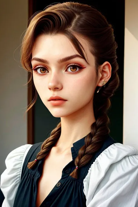 <lora:KallieKurudzhy_v1-000022:.9> KallieKurudzhy, focus on eyes, close up on face, hair styled fishtail braided chignon