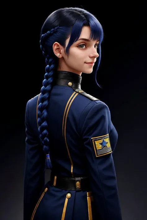 upper body <lora:KallieKurudzhy_v1-000022:.9> KallieKurudzhy, focus on smiling face, from behind wearing a star trek uniform , her indigo color hair is styled as snake braid,