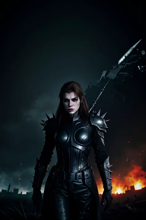 realistic photo of <lora:KallieKurudzhy_v1:.9> KallieKurudzhy wearing wing eyeliner, solo, (full body:0.6), detailed background, detailed face, (militarist authoritarian dictatorship theme:1.1), angry expression, dark death knight, betrayer, black clothes,...