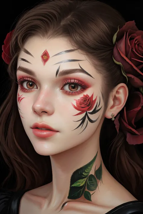 (oil painting:1.2) of <lora:KallieKurudzhy_v1:.9> KallieKurudzhy, close up on face, focus on eyes, (rose face paint:1.2)