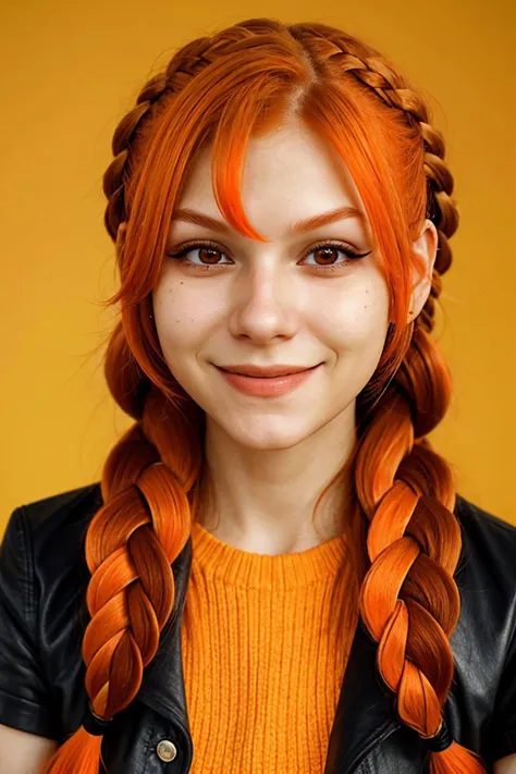 headshot <lora:KallieKurudzhy_v1-000022:.9> KallieKurudzhy, focus on smiling face, wearing cosplay clothing , her amber-orange color hair is styled as double dutch braid,