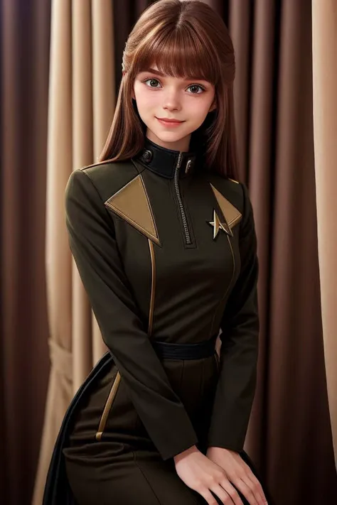 headshot <lora:KallieKurudzhy_v1-000022:.9> KallieKurudzhy, focus on smiling face, wearing a star trek uniform , her Saddle brown color hair is styled as layered curtain bangs hair,