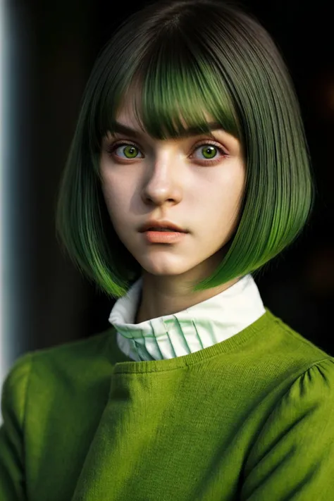 , portrait photo of <lora:KallieKurudzhy_v1:.9> KallieKurudzhy, focus on face, wearing cosplay clothing , her myrtle green color hair is styled as layered bob with bangs hair,