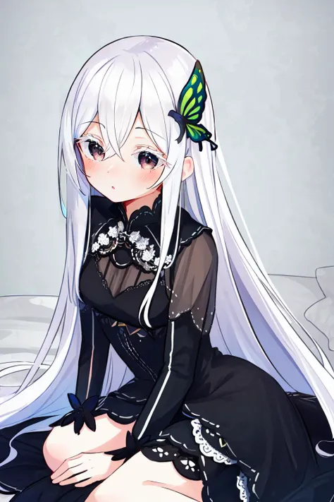 (masterpiece, best quality),  intricate details,
1girl,  <lora:Echidna_3_20:0.8> echidna, colored eyelashes,  butterfly hair ornament, black dress, long sleeves,