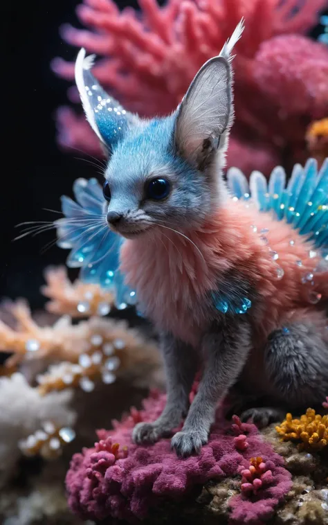 Creature,coral,biomimetic,serene,life form,elusive,tufted-tailed,fuzzy fur,colorful crystal wings,crystal,majestic,