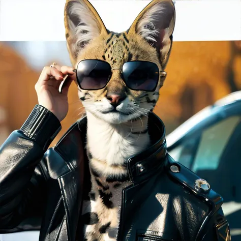 araffe wearing sunglasses and a leather jacket standing next to a car