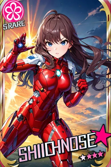 masterpiece, best quality, highres, ichinose shiki, idolmaster, long hair, ahoge, medium breasts, <lora:ichinose_shiki_v1:0.7>, iron man, bodysuit, serious, fighting stance, card (medium),