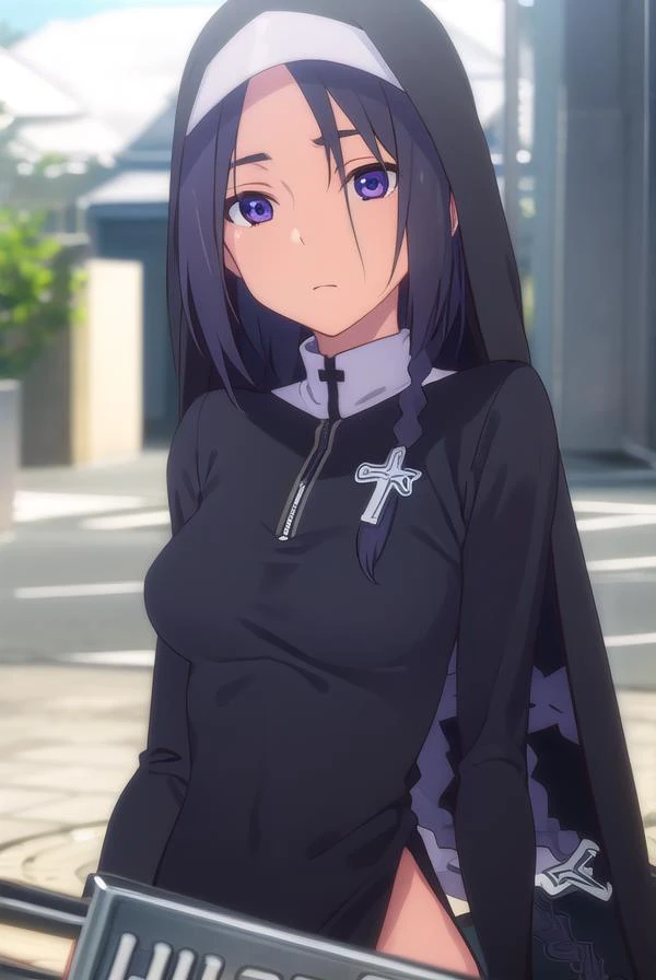 yaeshinatsuhiko, <lora:yae shinatsuhiko hnu-lora-nochekaiser:1>,
yae shinatsuhiko, long hair, (purple eyes:1.1), braid, black hair,
BREAK thighhighs, striped, cross, striped thighhighs, nun, habit, long sleeves, dress, jewelry, boots, necklace, side slit,
...