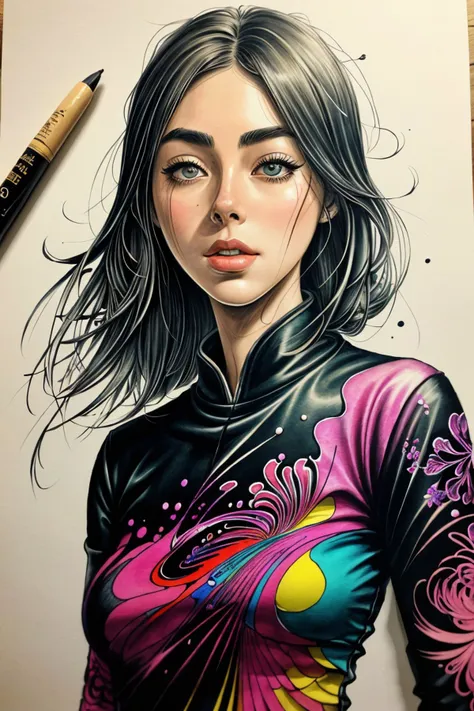 a drawing of a woman with long hair and a colorful top