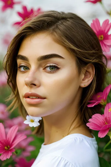 a close up of a woman with a flower in her hair