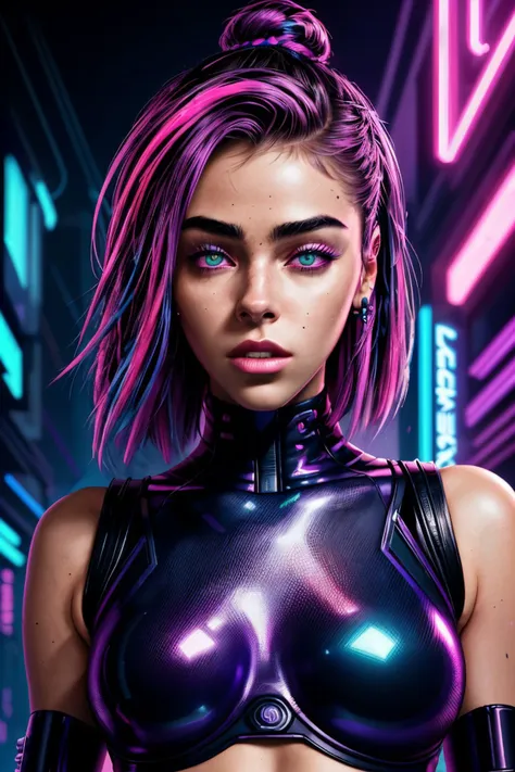 a woman in a futuristic outfit with pink hair and purple hair