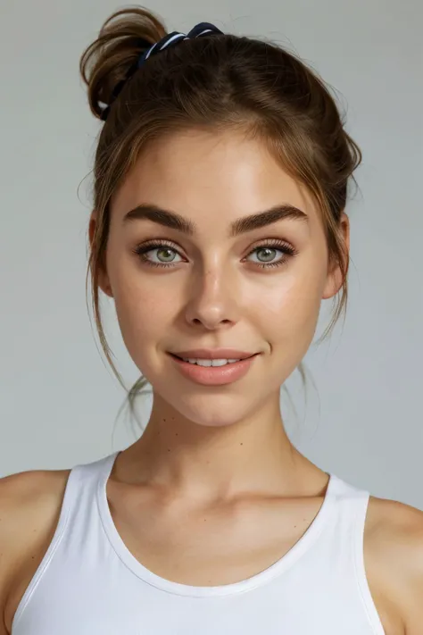 a woman with a ponytail in a white tank top