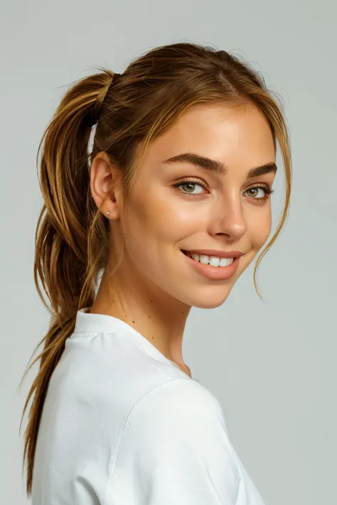 a close up of a woman with a ponytail in a white shirt