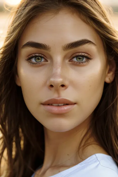 a close up of a woman with long hair and a white shirt