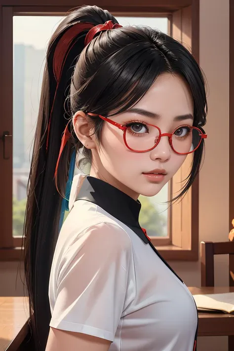 a close up of a woman with glasses and a ponytail