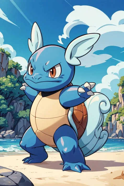 a cartoon pokemon character standing on a beach near a body of water