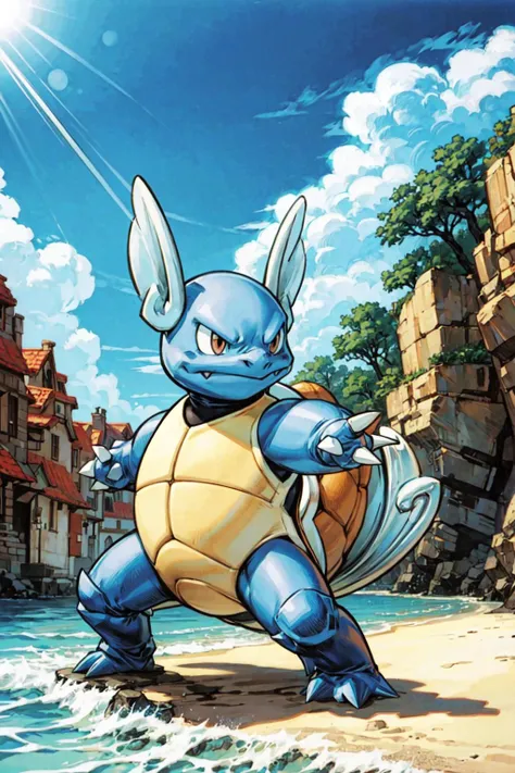 solo, full body, dynamic pose, <lora:Wartortle_Pokemon_Anime:0.6> Wartortle_Pokemon, beach, rocks, <lora:add_detail:0.7>,